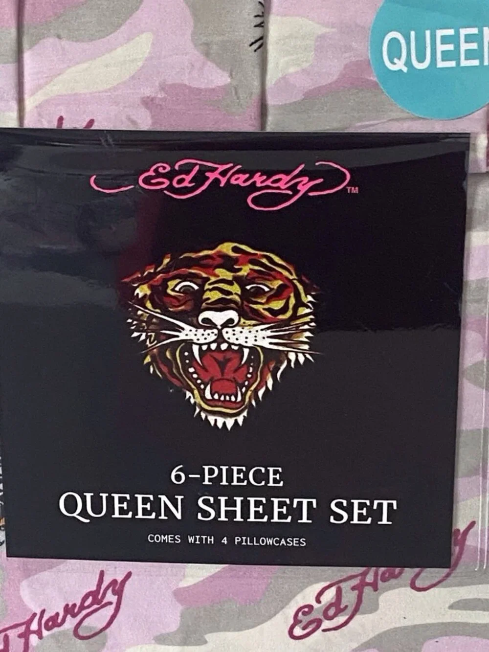 6 Piece Ed Hardy QUEEN Size Sheet Set Pink Grey Camo Eagle Tiger Logo NEW‎